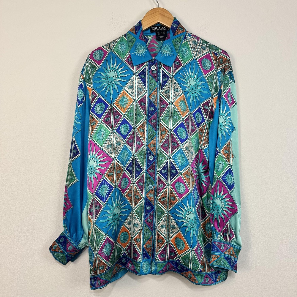 Vintage Escada‎ Shirt Women's 42 Multicolor Sol Goddess Silk Button Front Mosaic